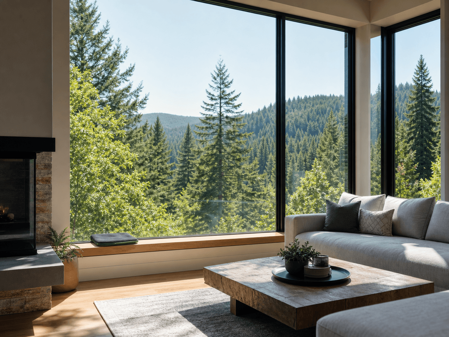 Bright living room framed by spotless windows