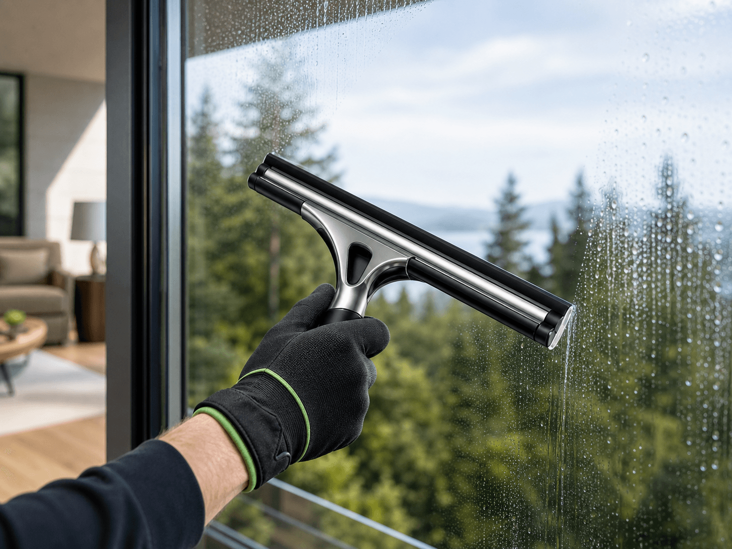 Close detail of a professional squeegee cleaning glass