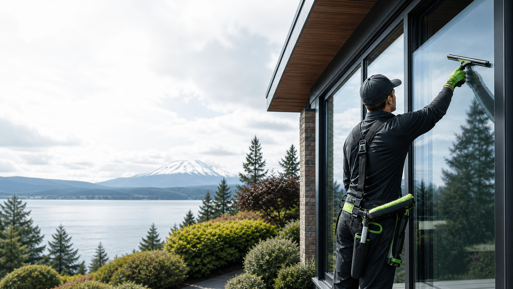 Professional carefully cleaning a large residential window