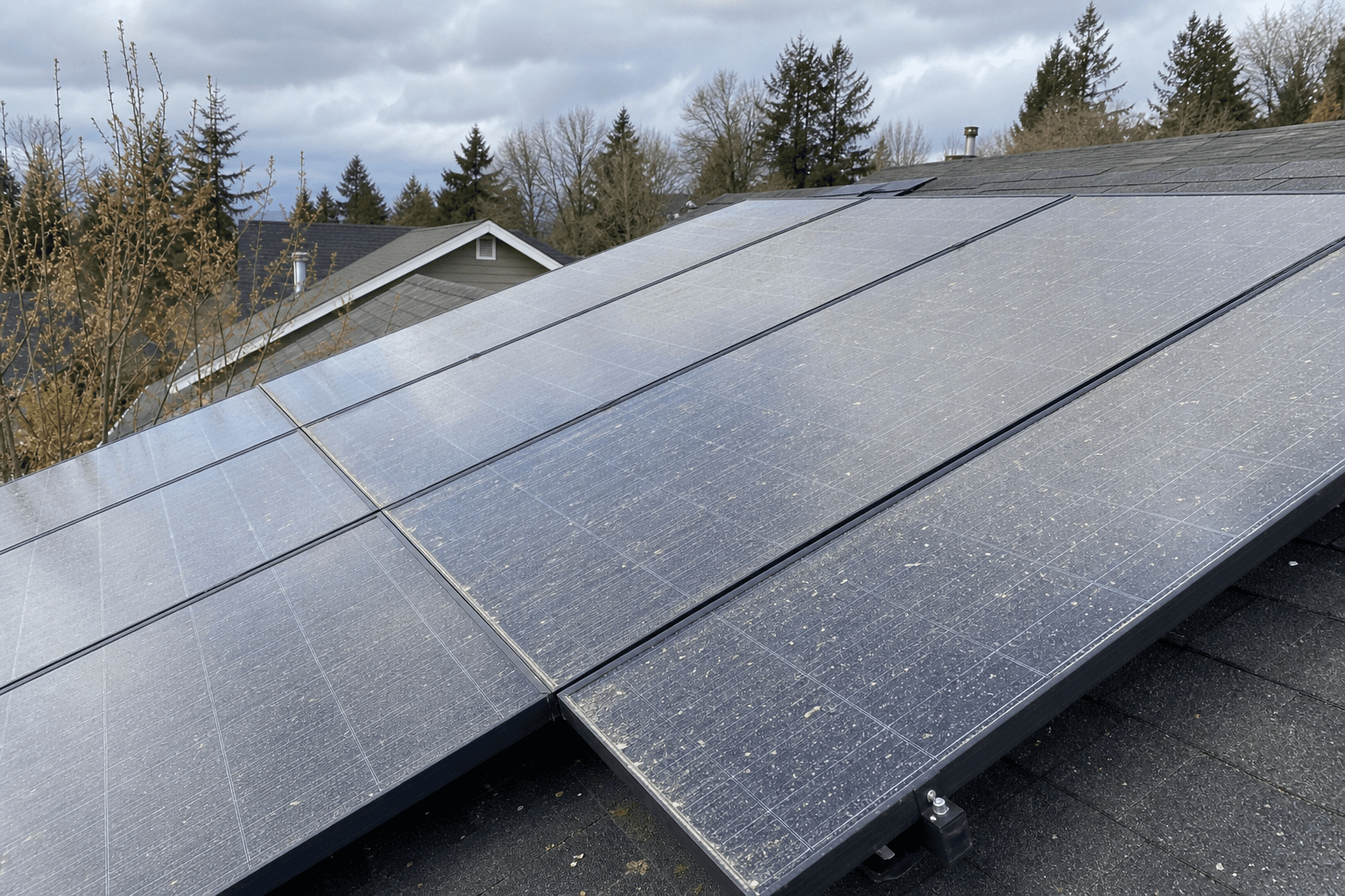 Solar panels with visible pollen, rain marks, and surface buildup before cleaning