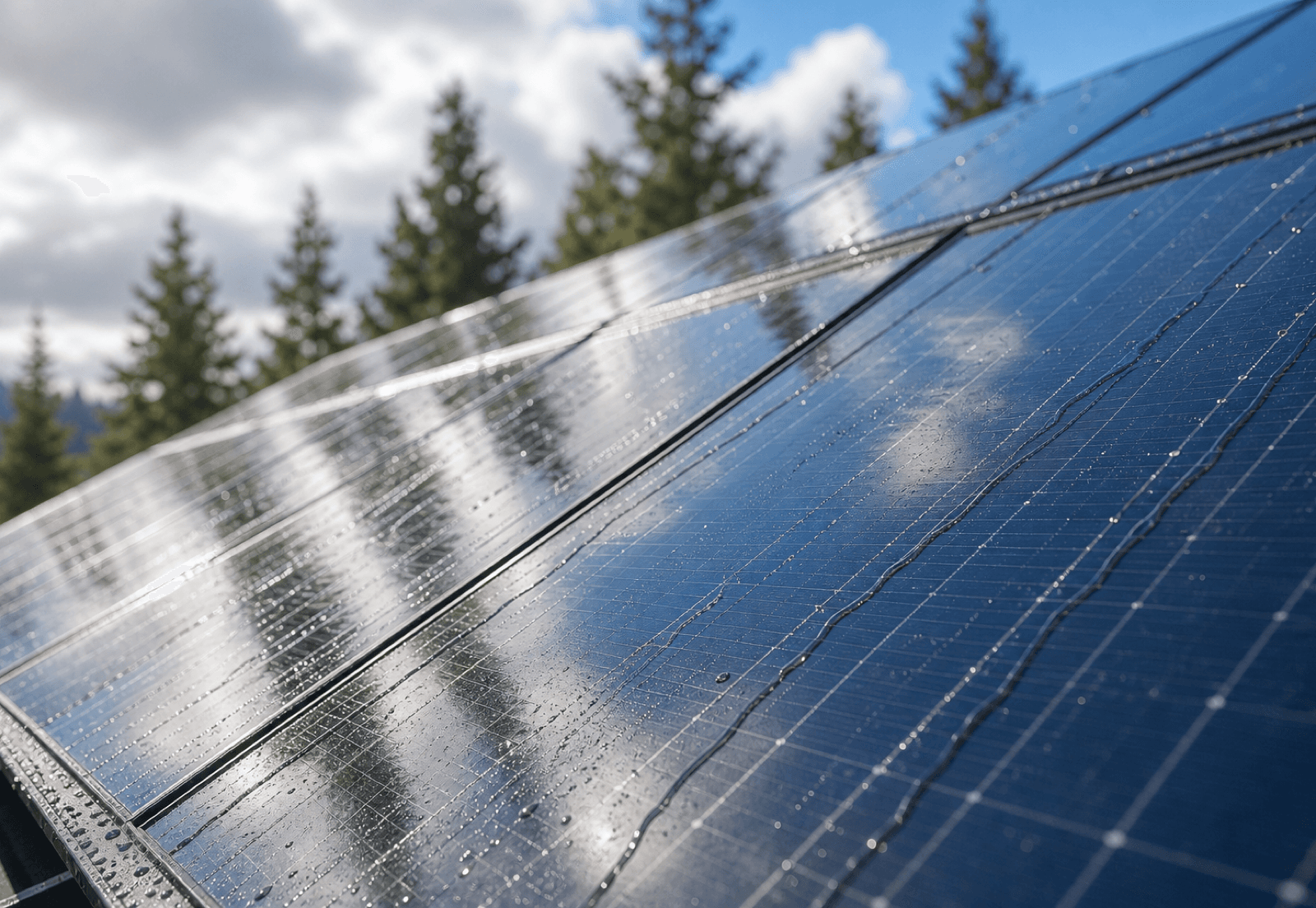 Sunlight sweeping across clean solar panels