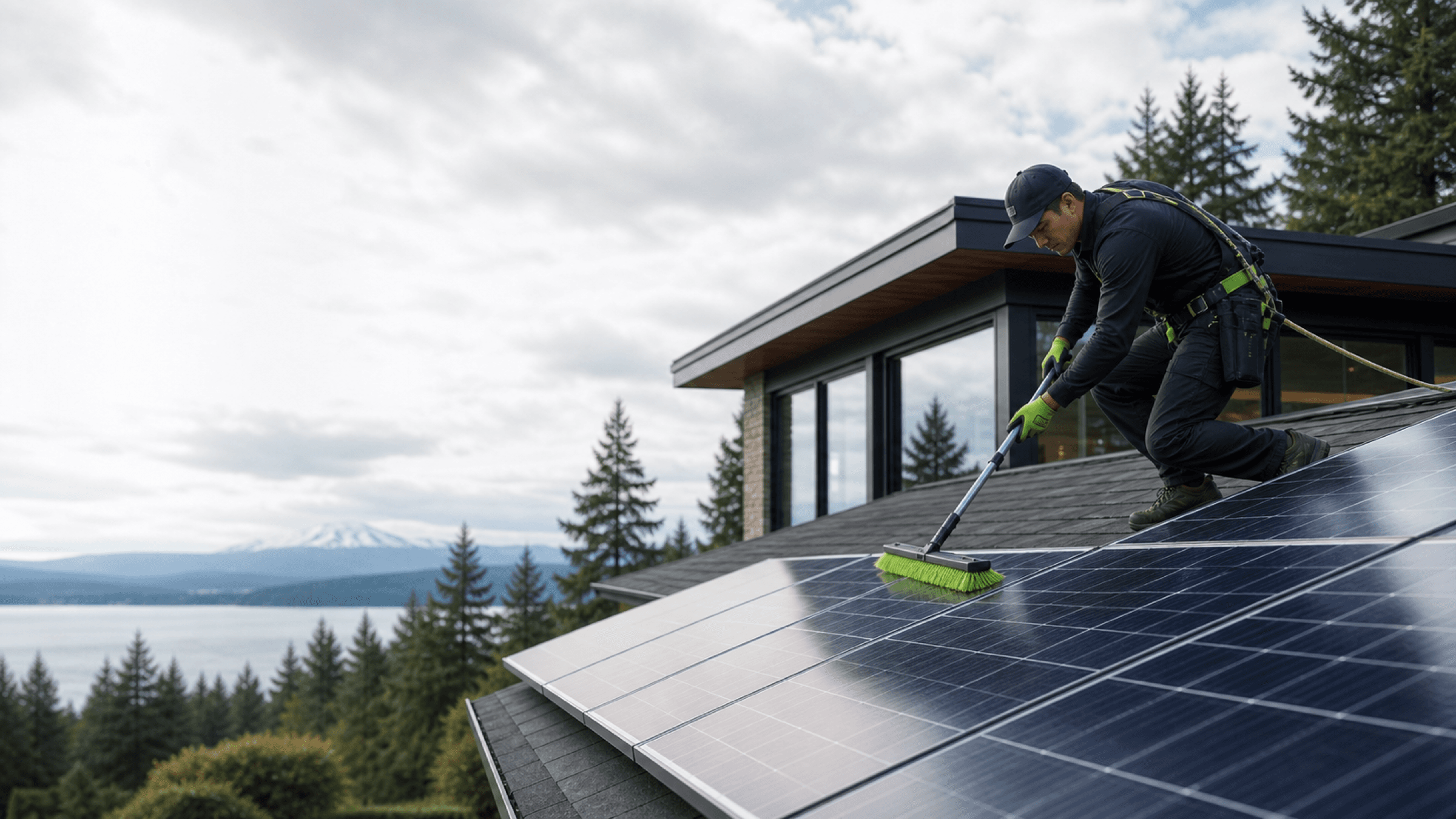 Solar panels catching bright sunlight over an evergreen landscape